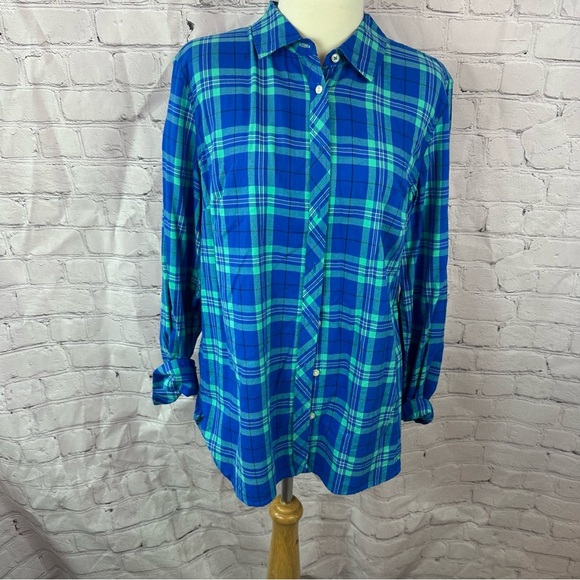 talbots long sleeve plaid long/button tab sleeve 100% cotton sz large - Picture 1 of 8